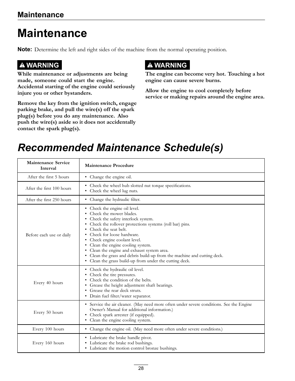 Maintenance, Recommended maintenance schedule(s), Warning | Exmark LAZER Z D-SERIES Mower 920 User Manual | Page 28 / 60