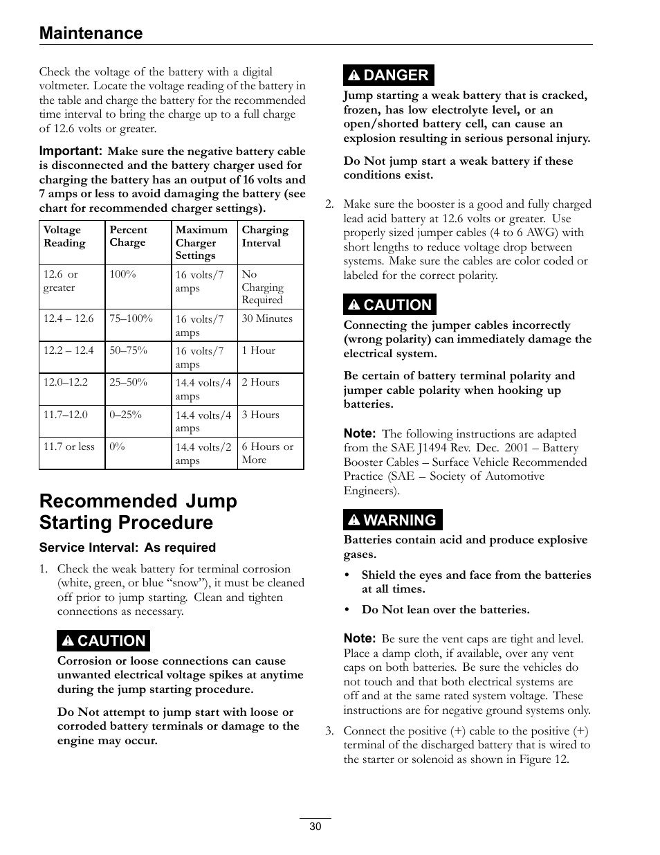 Recommended jump starting procedure, Maintenance | Exmark LAZER Z D-SERIES Mower 920 User Manual | Page 30 / 60