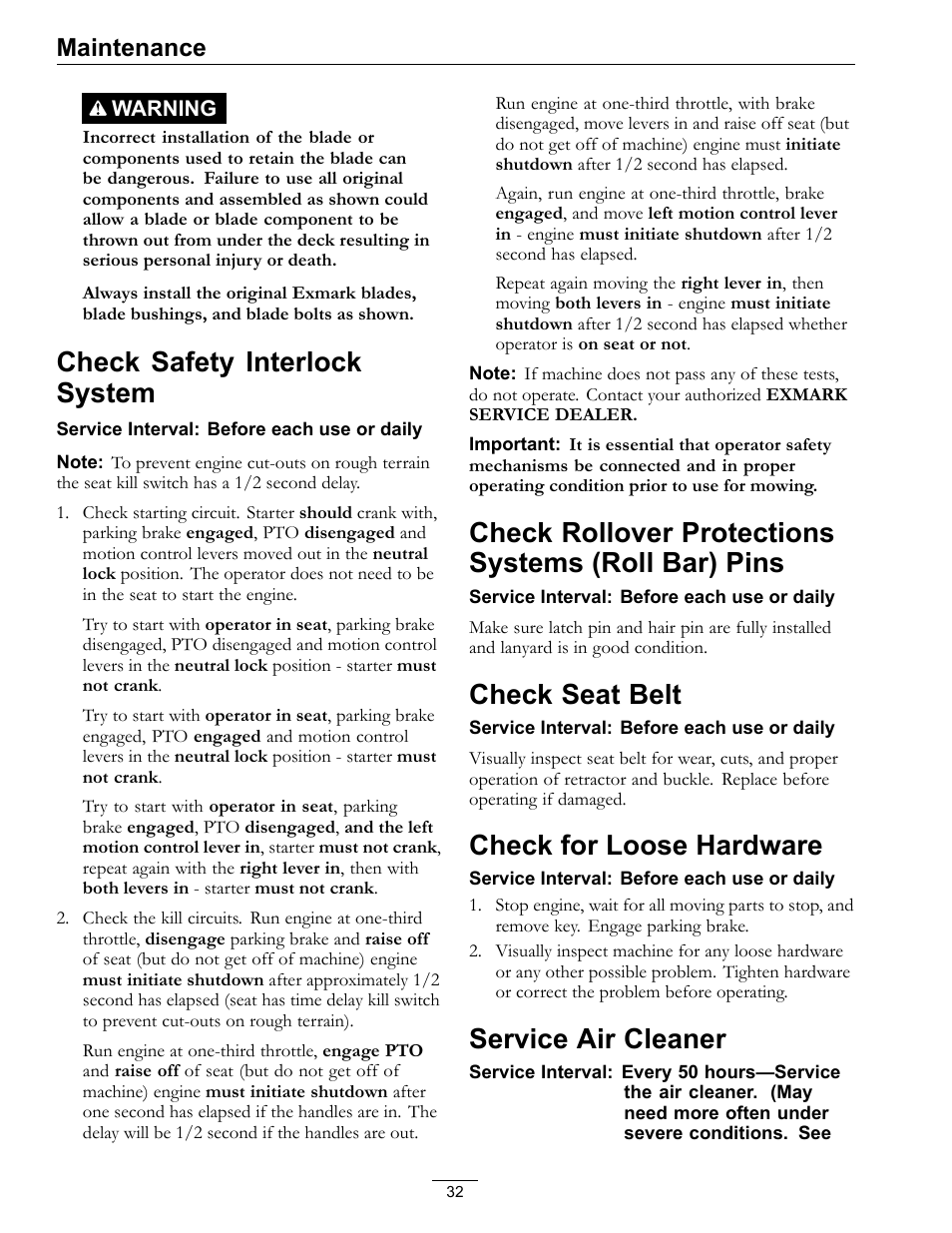 Bar) pins, Check safety interlock system, Check rollover protections systems (roll bar) pins | Check seat belt, Check for loose hardware, Service air cleaner, Maintenance | Exmark LAZER Z D-SERIES Mower 920 User Manual | Page 32 / 60