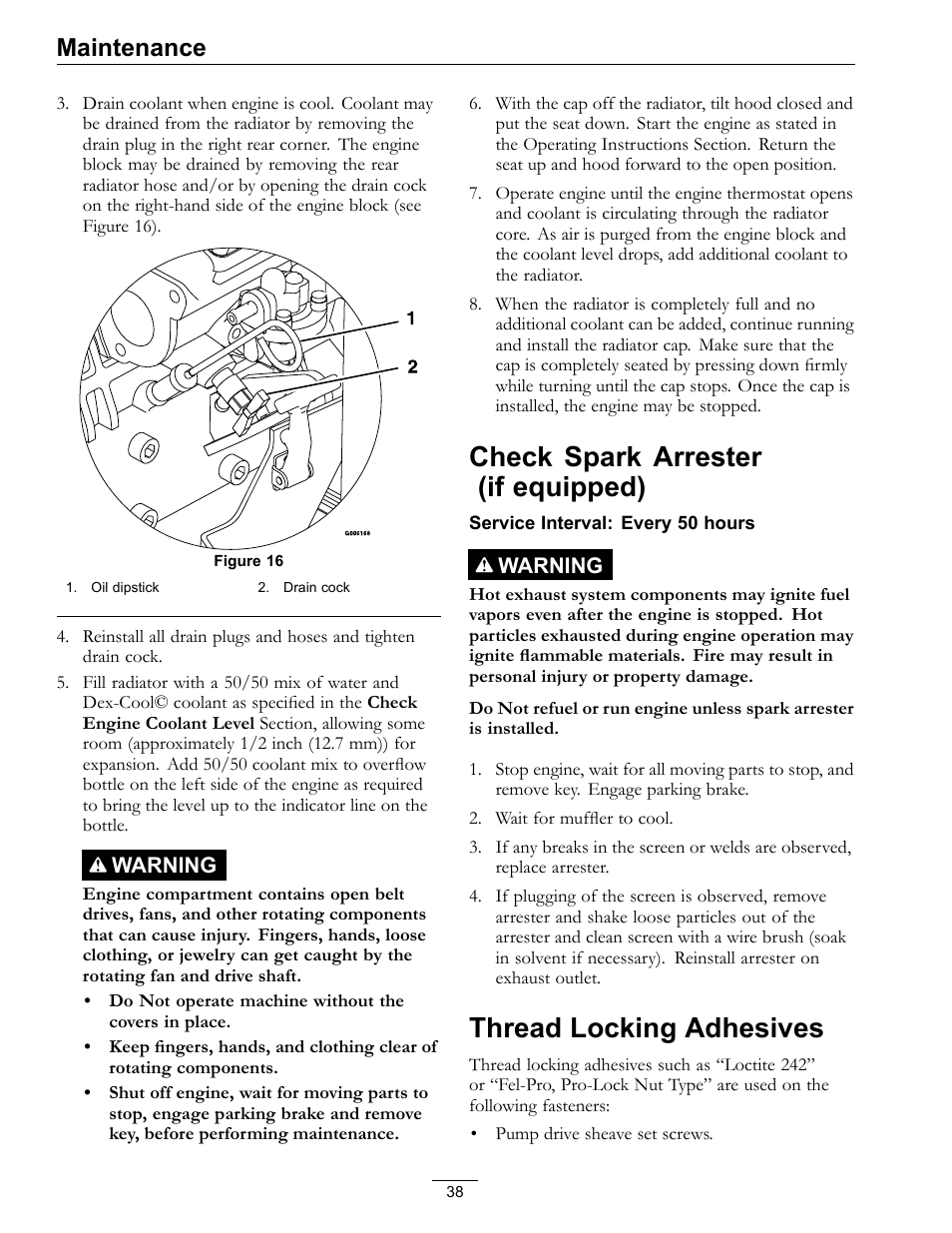 Check spark arrester (if equipped), Thread locking adhesives, Maintenance | Exmark LAZER Z D-SERIES Mower 920 User Manual | Page 38 / 60