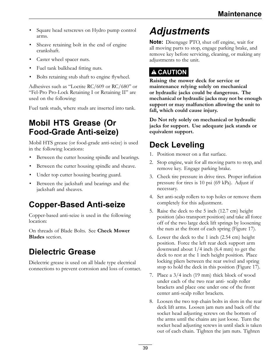 Mobil hts grease (or food-grade, Anti-seize), Copper-based anti-seize dielectric grease | Adjustments, Deck leveling, Mobil hts grease (or food-grade anti-seize), Copper-based anti-seize, Dielectric grease, Maintenance | Exmark LAZER Z D-SERIES Mower 920 User Manual | Page 39 / 60