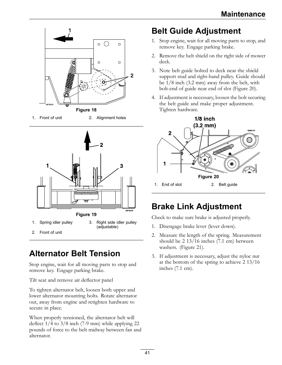 Figure 18, Figure 19, Alternator belt tension | Belt guide adjustment, Brake link adjustment, Maintenance | Exmark LAZER Z D-SERIES Mower 920 User Manual | Page 41 / 60
