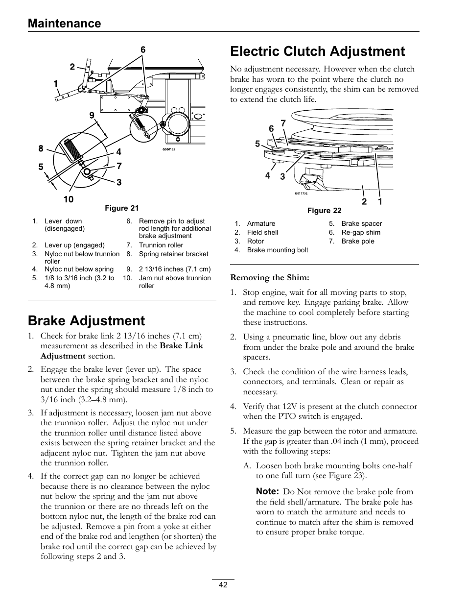 Brake adjustment electric clutch adjustment, Brake adjustment, Electric clutch adjustment | Maintenance | Exmark LAZER Z D-SERIES Mower 920 User Manual | Page 42 / 60