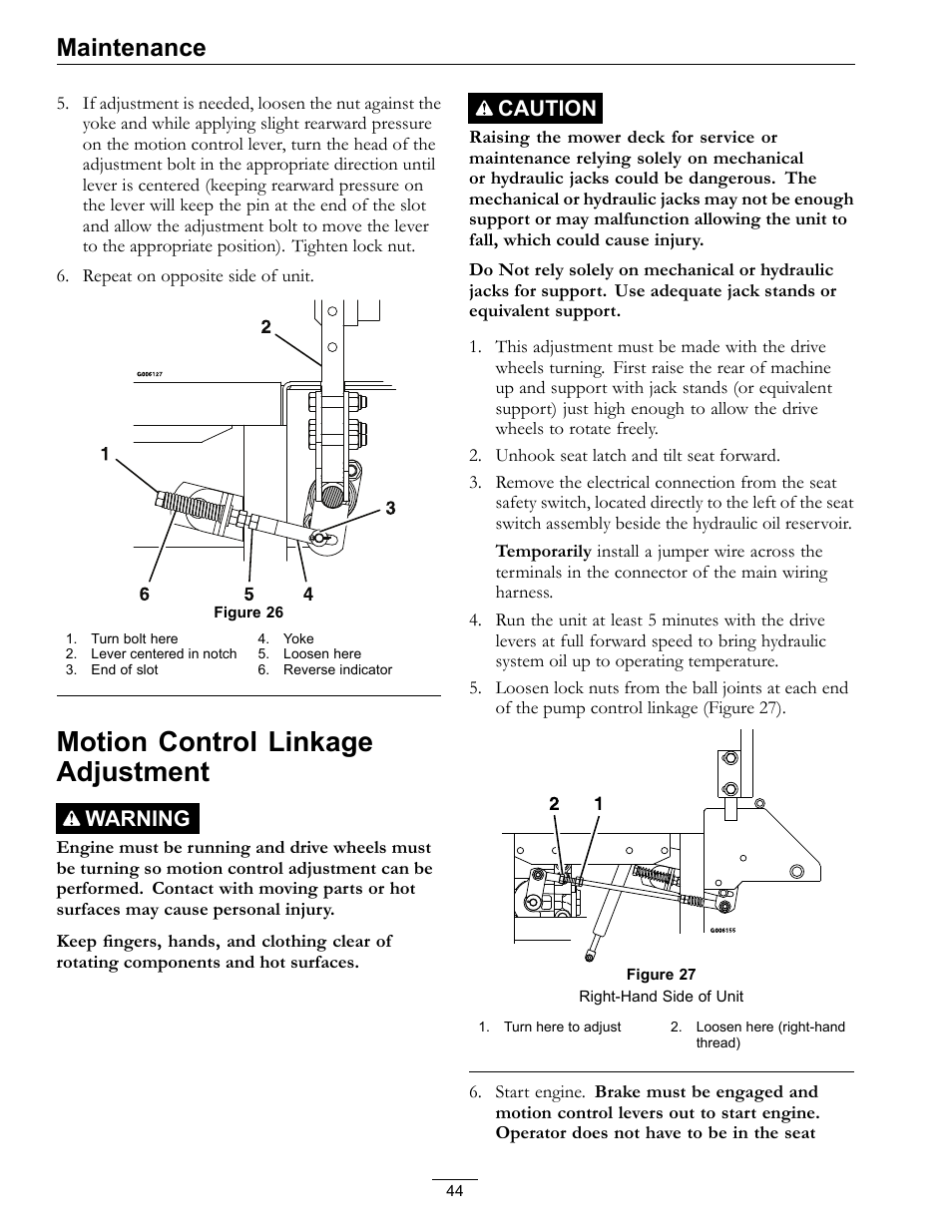 Motion control linkage adjustment, Maintenance, Warning | Caution | Exmark LAZER Z D-SERIES Mower 920 User Manual | Page 44 / 60