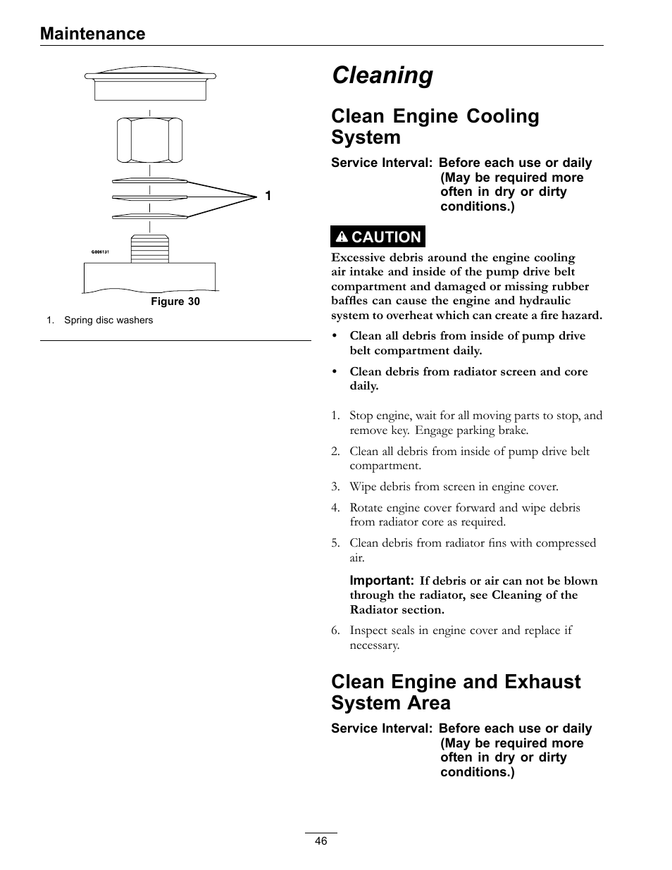 Cleaning, Area, Figure 30 | Clean engine cooling system, Clean engine and exhaust system area, Maintenance | Exmark LAZER Z D-SERIES Mower 920 User Manual | Page 46 / 60