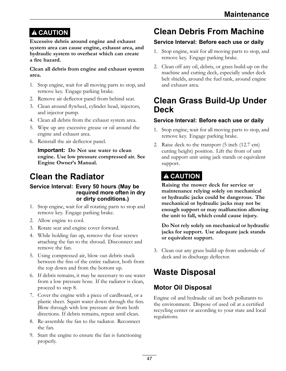 Clean the radiator, Clean debris from machine, Clean grass build-up under deck | Waste disposal, Maintenance | Exmark LAZER Z D-SERIES Mower 920 User Manual | Page 47 / 60