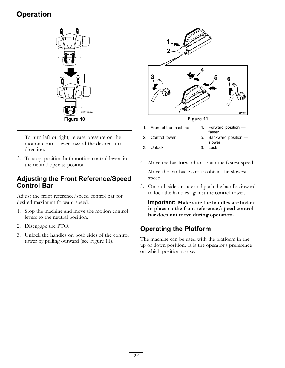 Operation, Adjusting the front reference/speed control bar, Operating the platform | Exmark Vantage VT740EKC604; User Manual | Page 22 / 60