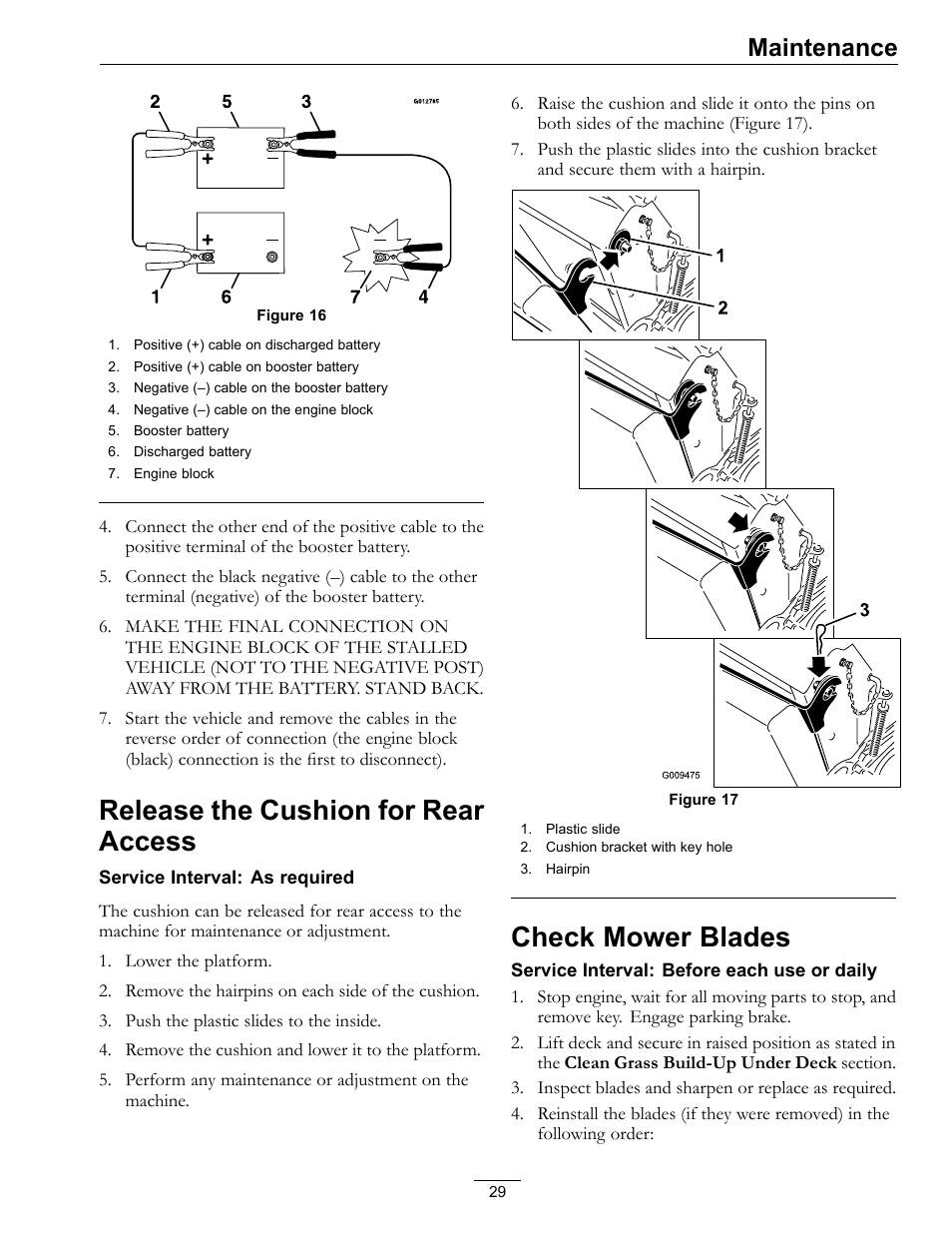 Check mower blades, Release the cushion for rear access, Maintenance | Exmark Vantage VT740EKC604; User Manual | Page 29 / 60