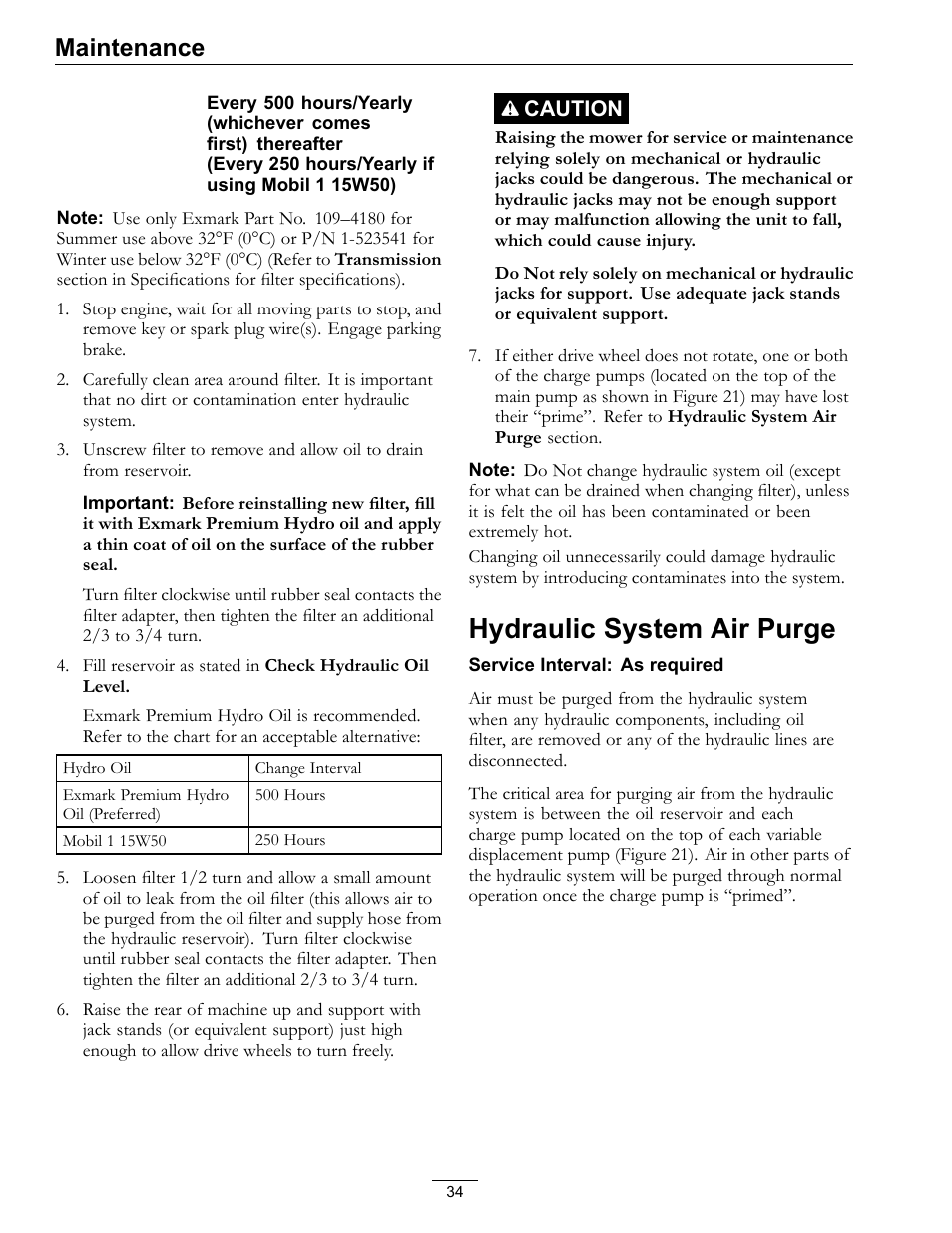 Hydraulic system air purge, Maintenance | Exmark Vantage VT740EKC604; User Manual | Page 34 / 60