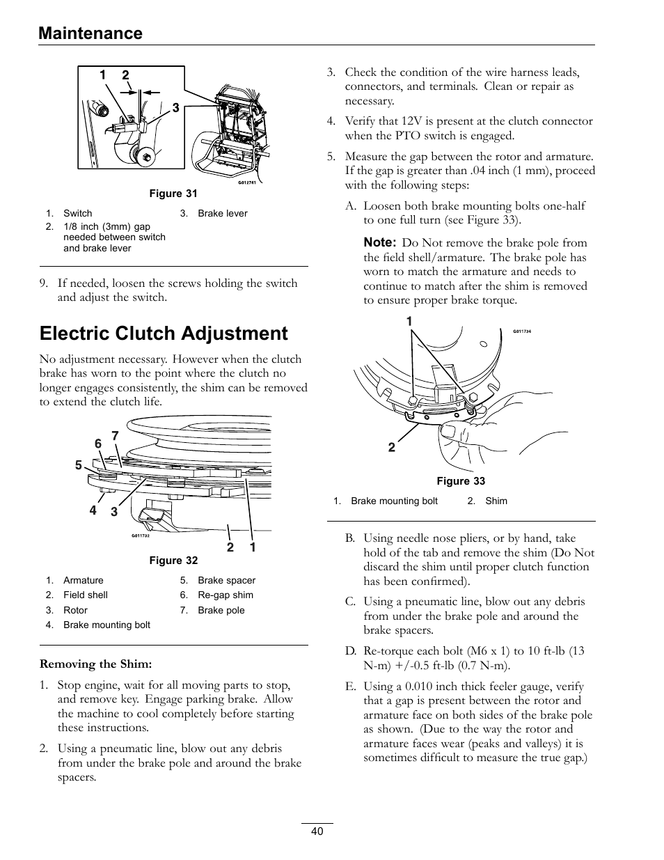 Electric clutch adjustment, Maintenance | Exmark Vantage VT740EKC604; User Manual | Page 40 / 60