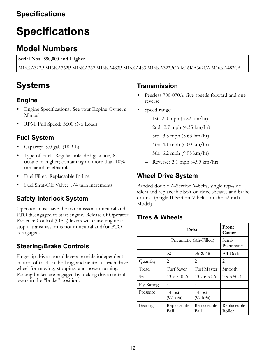 Specifications, Model numbers systems, Model numbers | Systems | Exmark Metro 00 & Higher User Manual | Page 12 / 44
