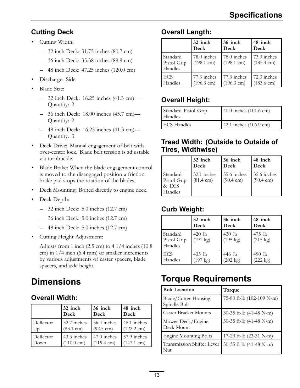 Dimensions torque requirements, Dimensions, Torque requirements | Specifications | Exmark Metro 00 & Higher User Manual | Page 13 / 44