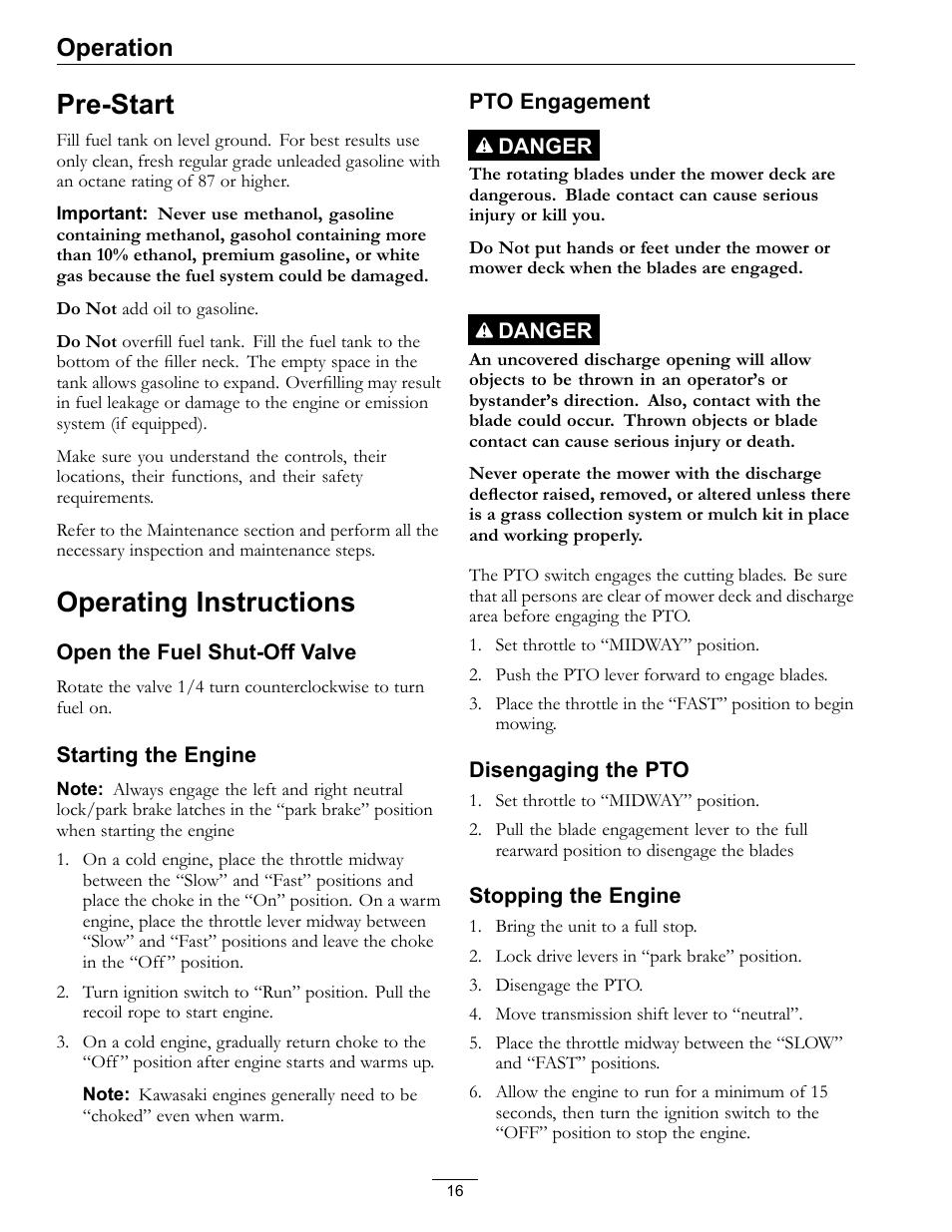 Pre-start operating instructions, Pre-start, Operating instructions | Operation | Exmark Metro 00 & Higher User Manual | Page 16 / 44
