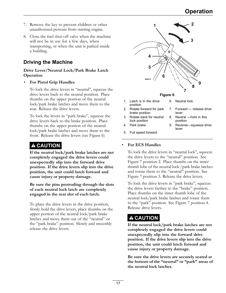 Operation, Driving the machine, Caution | Exmark Metro 00 & Higher User Manual | Page 17 / 44