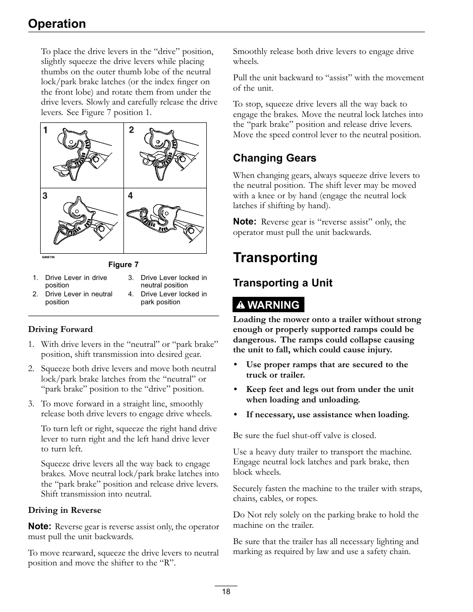 Transporting, Figure 7, Operation | Changing gears, Transporting a unit warning | Exmark Metro 00 & Higher User Manual | Page 18 / 44