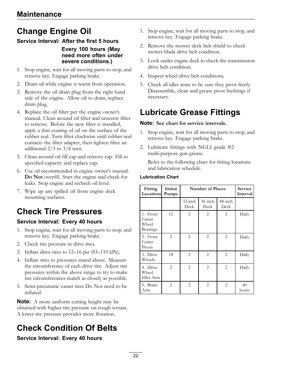 Change engine oil, Check tire pressures, Check condition of belts | Lubricate grease fittings, Maintenance | Exmark Metro 00 & Higher User Manual | Page 22 / 44
