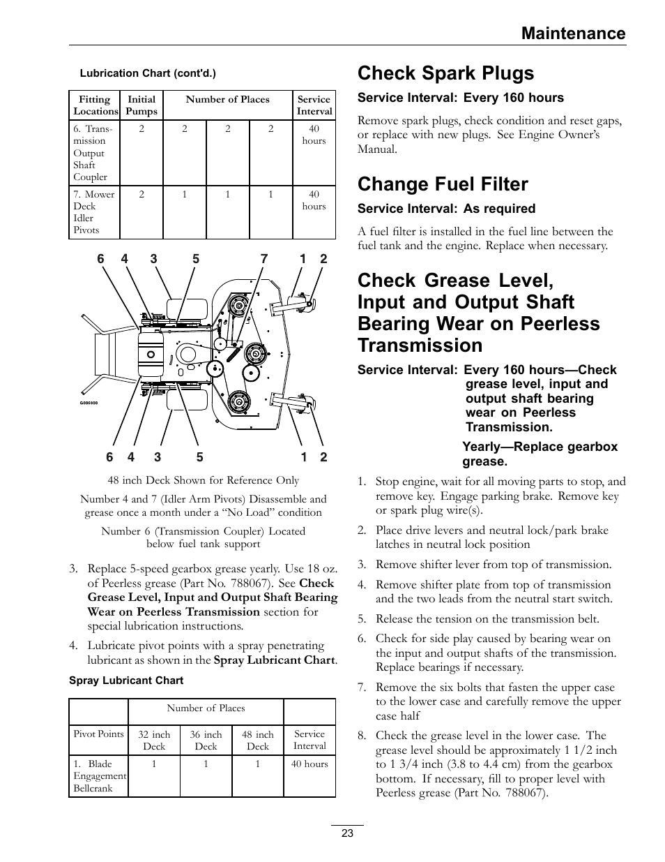 Shaft bearing wear on peerless transmission, Check spark plugs, Change fuel filter | Maintenance | Exmark Metro 00 & Higher User Manual | Page 23 / 44