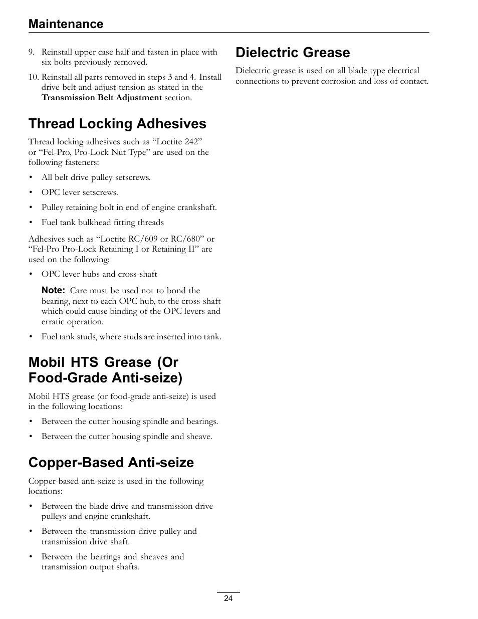 Anti-seize), Copper-based anti-seize dielectric grease, Thread locking adhesives | Mobil hts grease (or food-grade anti-seize), Copper-based anti-seize, Dielectric grease, Maintenance | Exmark Metro 00 & Higher User Manual | Page 24 / 44