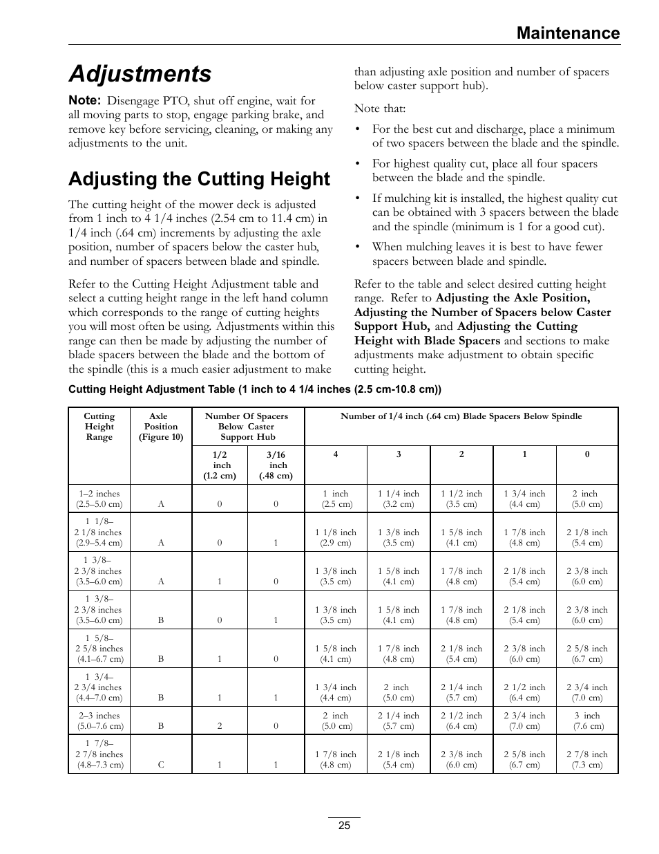 Adjustments, Adjusting the cutting height, Maintenance | Exmark Metro 00 & Higher User Manual | Page 25 / 44