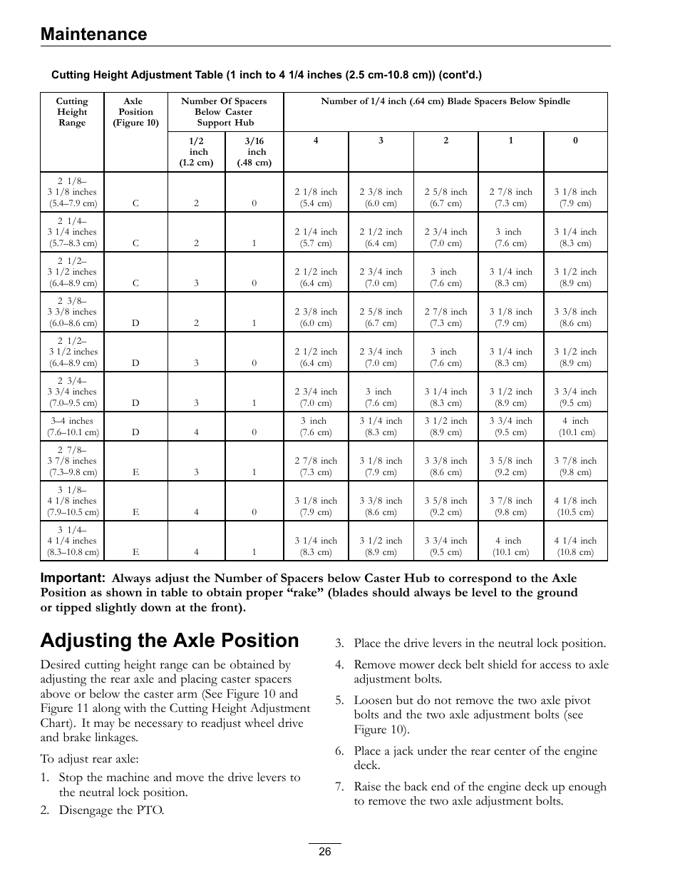 Adjusting the axle position, Maintenance | Exmark Metro 00 & Higher User Manual | Page 26 / 44