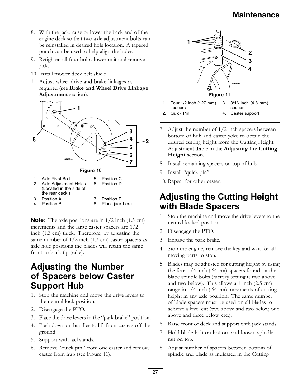 Adjusting the number of spacers below, Caster support hub, Adjusting the cutting height with blade | Spacers, Figure 10, Figure 11, Figure 10), Adjusting the cutting height with blade spacers, Maintenance | Exmark Metro 00 & Higher User Manual | Page 27 / 44
