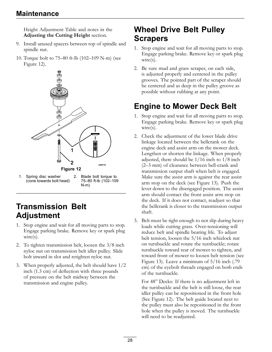 Transmission belt adjustment, Wheel drive belt pulley scrapers, Engine to mower deck belt | Maintenance | Exmark Metro 00 & Higher User Manual | Page 28 / 44