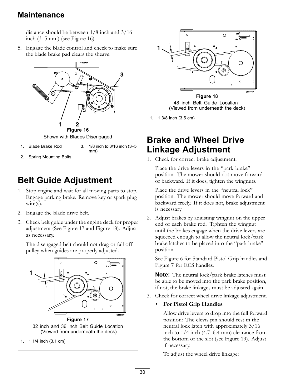Belt guide adjustment, Brake and wheel drive linkage, Adjustment | Brake and wheel drive linkage adjustment, Maintenance | Exmark Metro 00 & Higher User Manual | Page 30 / 44