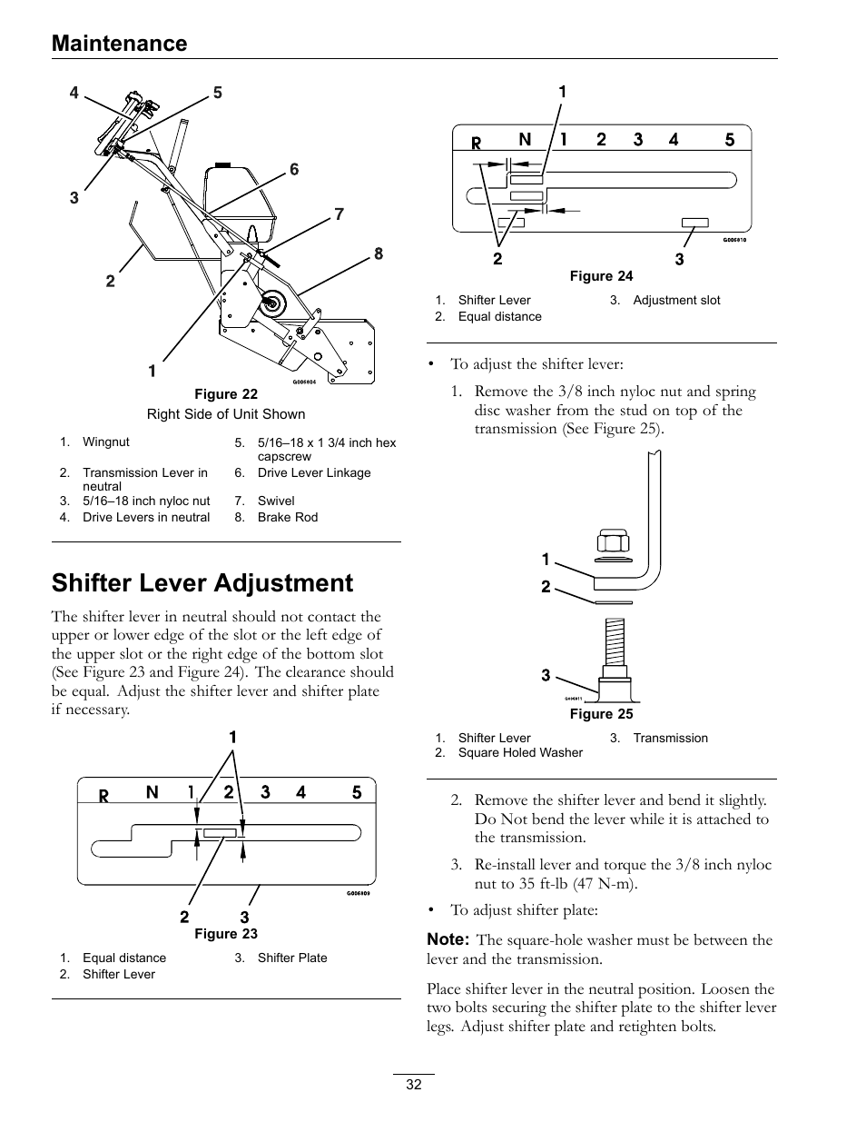 Shifter lever adjustment, Figure 22, Maintenance | Exmark Metro 00 & Higher User Manual | Page 32 / 44