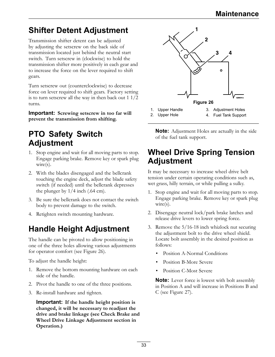 Adjustment, Shifter detent adjustment, Pto safety switch adjustment | Handle height adjustment, Wheel drive spring tension adjustment, Maintenance | Exmark Metro 00 & Higher User Manual | Page 33 / 44