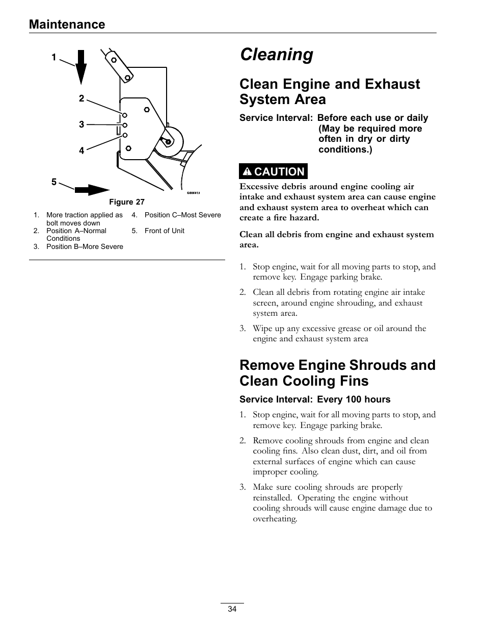 Cleaning, Clean engine and exhaust system, Area | Remove engine shrouds and clean cooling, Fins, Clean engine and exhaust system area, Remove engine shrouds and clean cooling fins, Maintenance | Exmark Metro 00 & Higher User Manual | Page 34 / 44