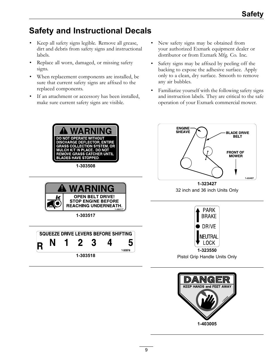 Safety and instructional decals, Safety | Exmark Metro 00 & Higher User Manual | Page 9 / 44