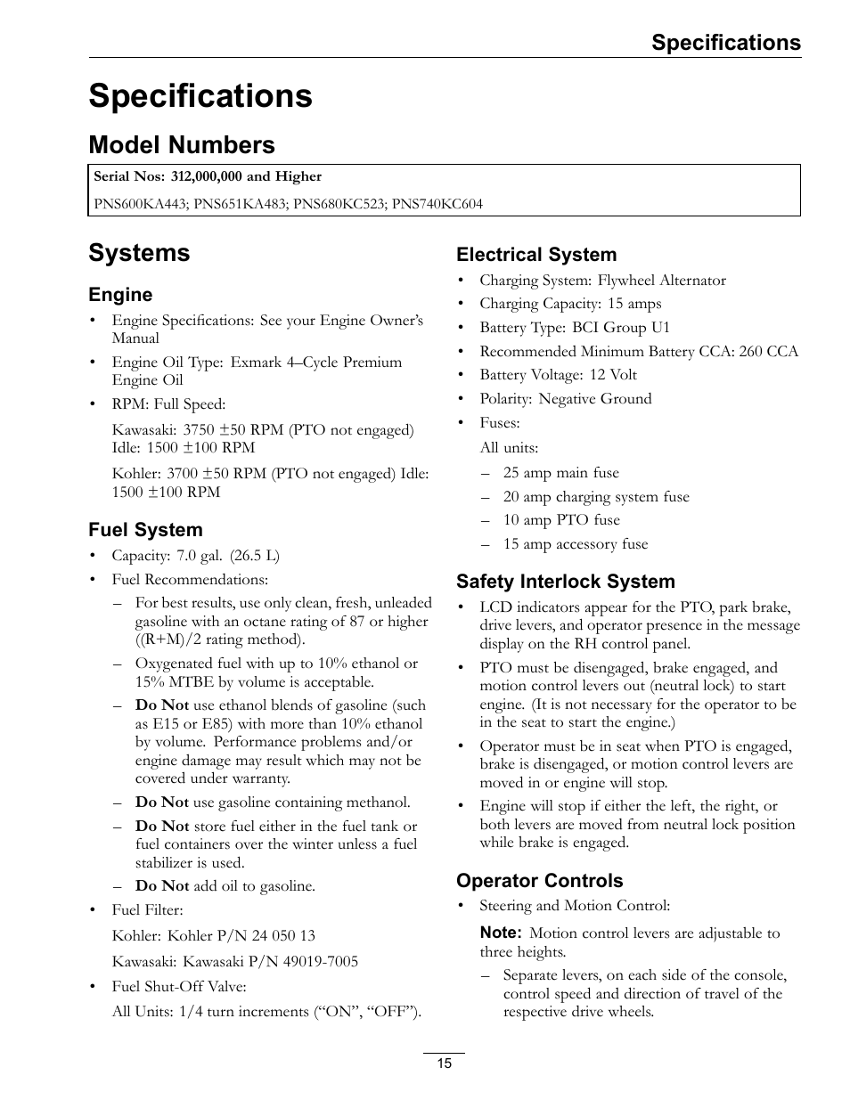 Specifications, Model numbers systems, Model numbers | Systems | Exmark Pioneer S-Series 0 User Manual | Page 15 / 52