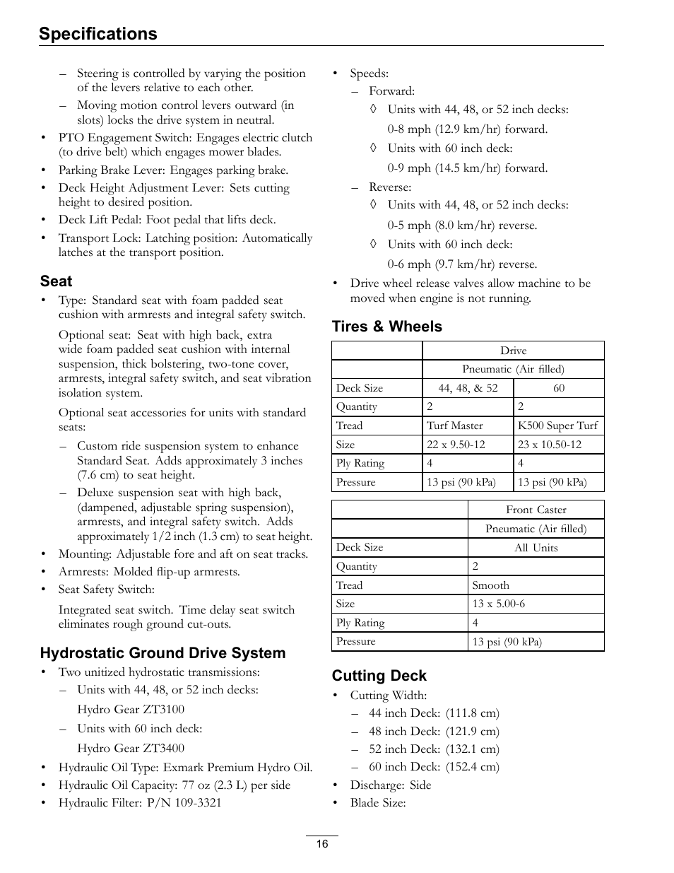 Specifications | Exmark Pioneer S-Series 0 User Manual | Page 16 / 52