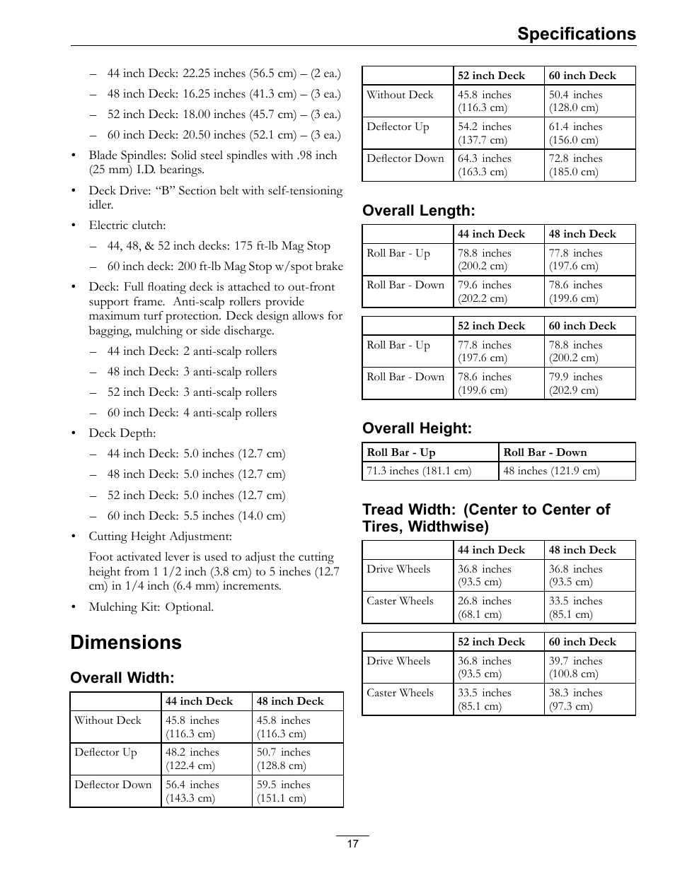 Dimensions, Specifications | Exmark Pioneer S-Series 0 User Manual | Page 17 / 52