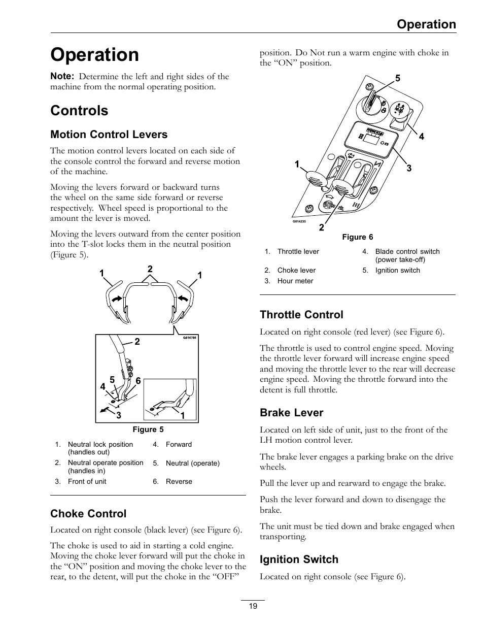 Operation, Controls, Motion control levers | Choke control, Throttle control, Brake lever, Ignition switch | Exmark Pioneer S-Series 0 User Manual | Page 19 / 52