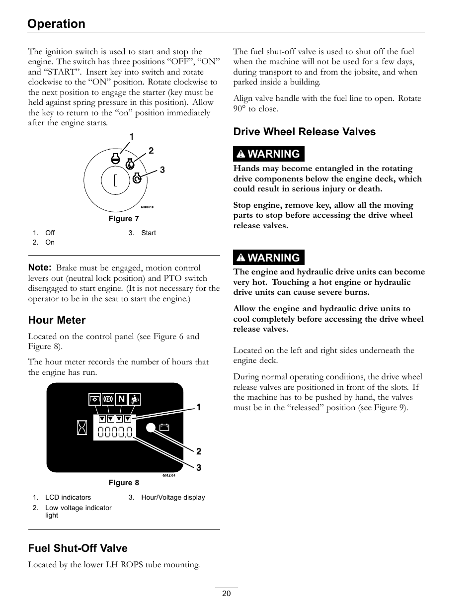 Operation, Hour meter, Fuel shut-off valve | Drive wheel release valves warning, Warning | Exmark Pioneer S-Series 0 User Manual | Page 20 / 52