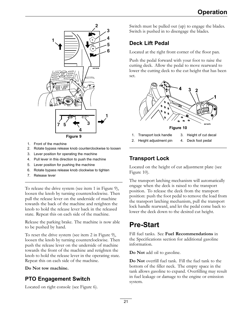 Pre-start, Operation, Pto engagement switch | Deck lift pedal, Transport lock | Exmark Pioneer S-Series 0 User Manual | Page 21 / 52
