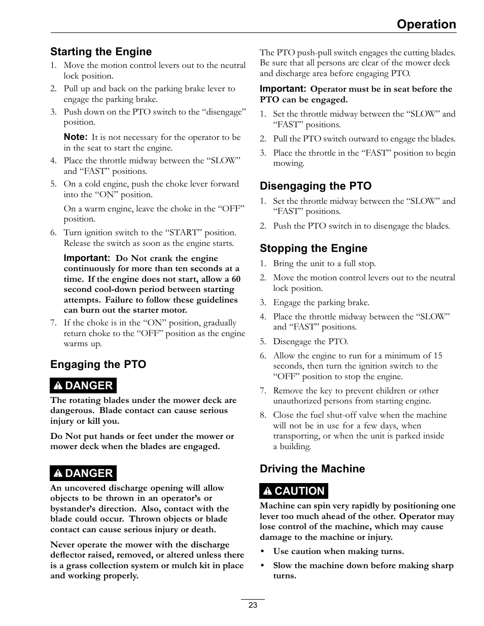 Operation | Exmark Pioneer S-Series 0 User Manual | Page 23 / 52