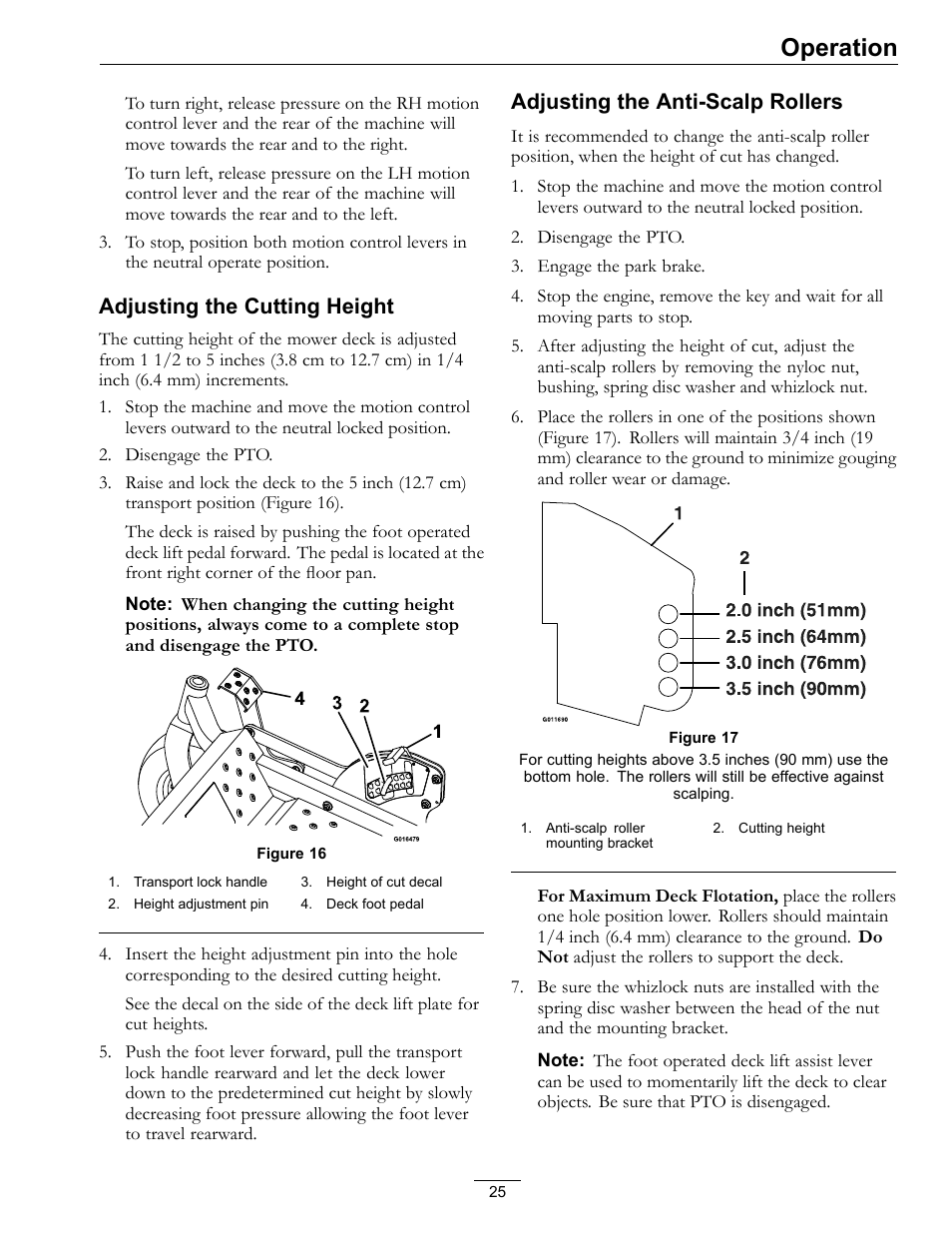 Operation, Adjusting the cutting height, Adjusting the anti-scalp rollers | Exmark Pioneer S-Series 0 User Manual | Page 25 / 52
