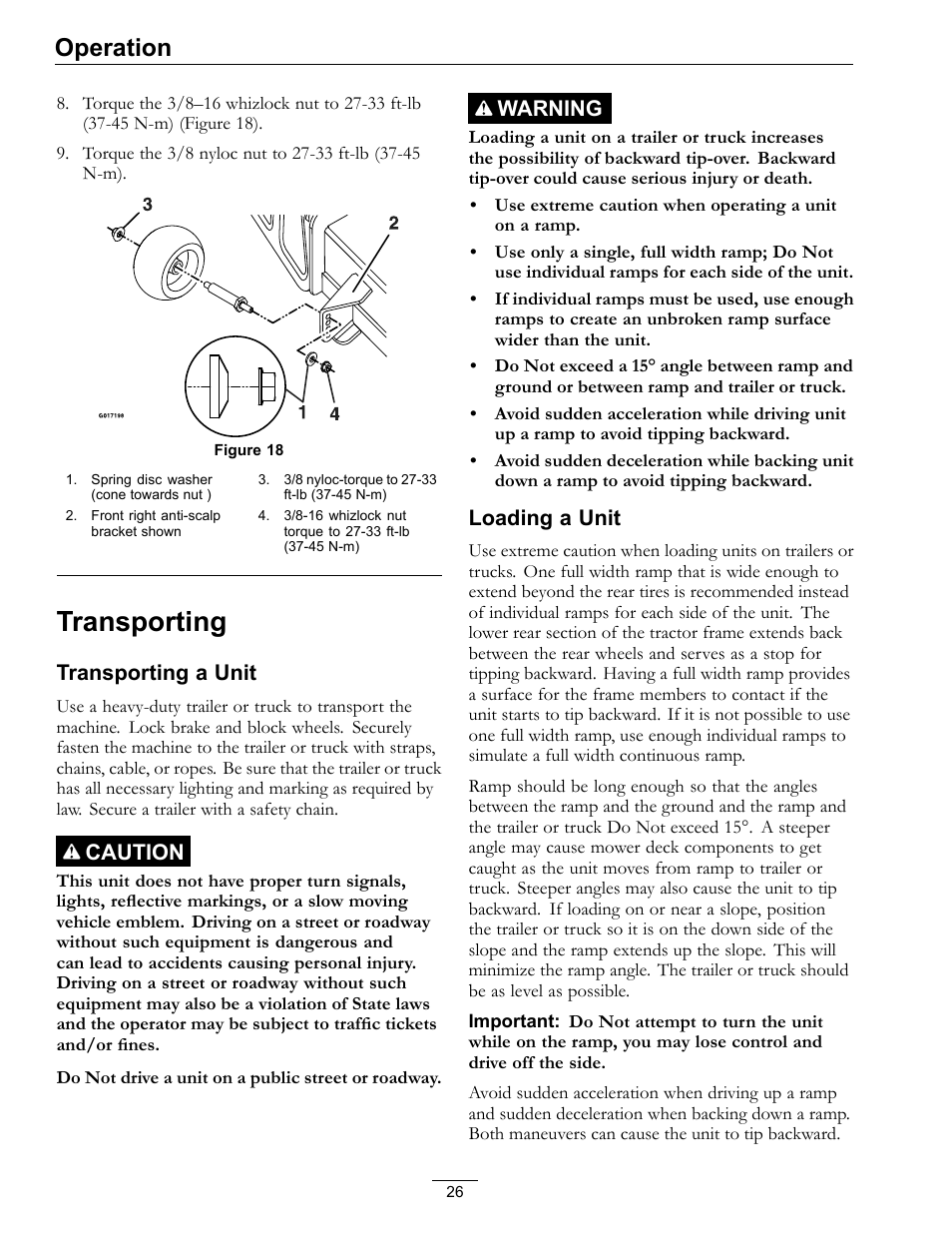 Transporting, Operation, Transporting a unit | Caution, Warning, Loading a unit | Exmark Pioneer S-Series 0 User Manual | Page 26 / 52