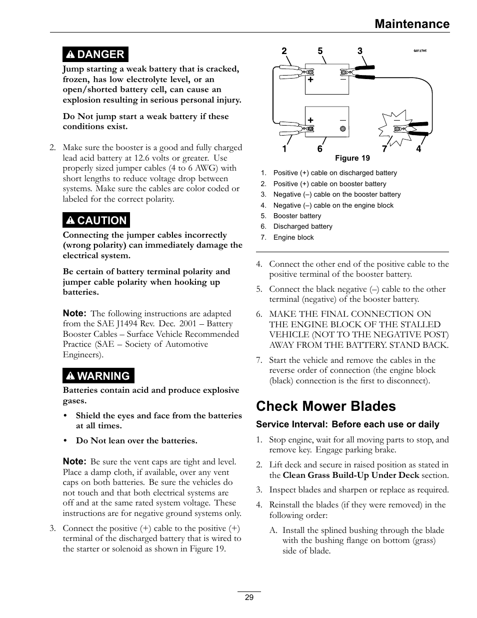 Check mower blades, Maintenance, Danger | Caution, Warning | Exmark Pioneer S-Series 0 User Manual | Page 29 / 52