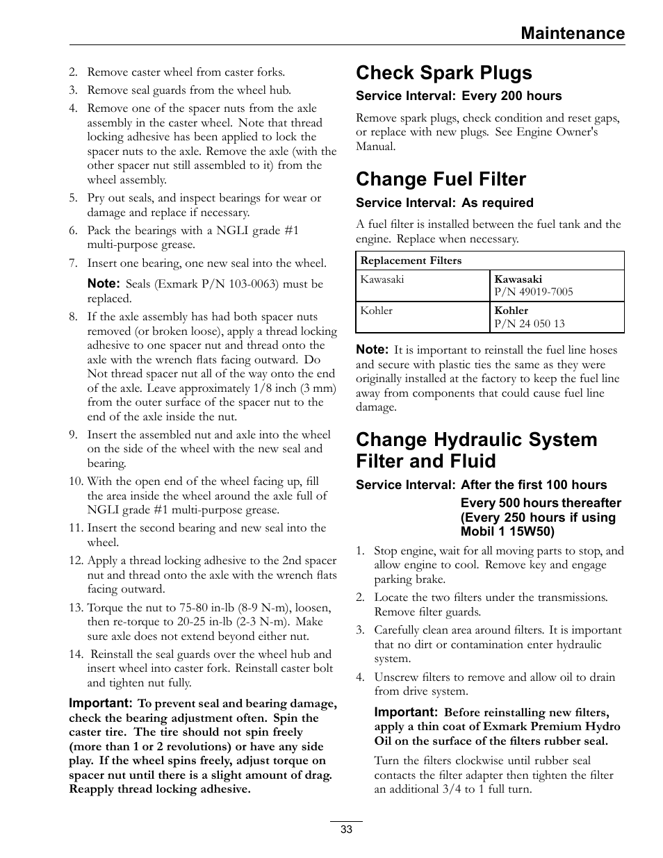 Fluid, Check spark plugs, Change fuel filter | Change hydraulic system filter and fluid, Maintenance | Exmark Pioneer S-Series 0 User Manual | Page 33 / 52