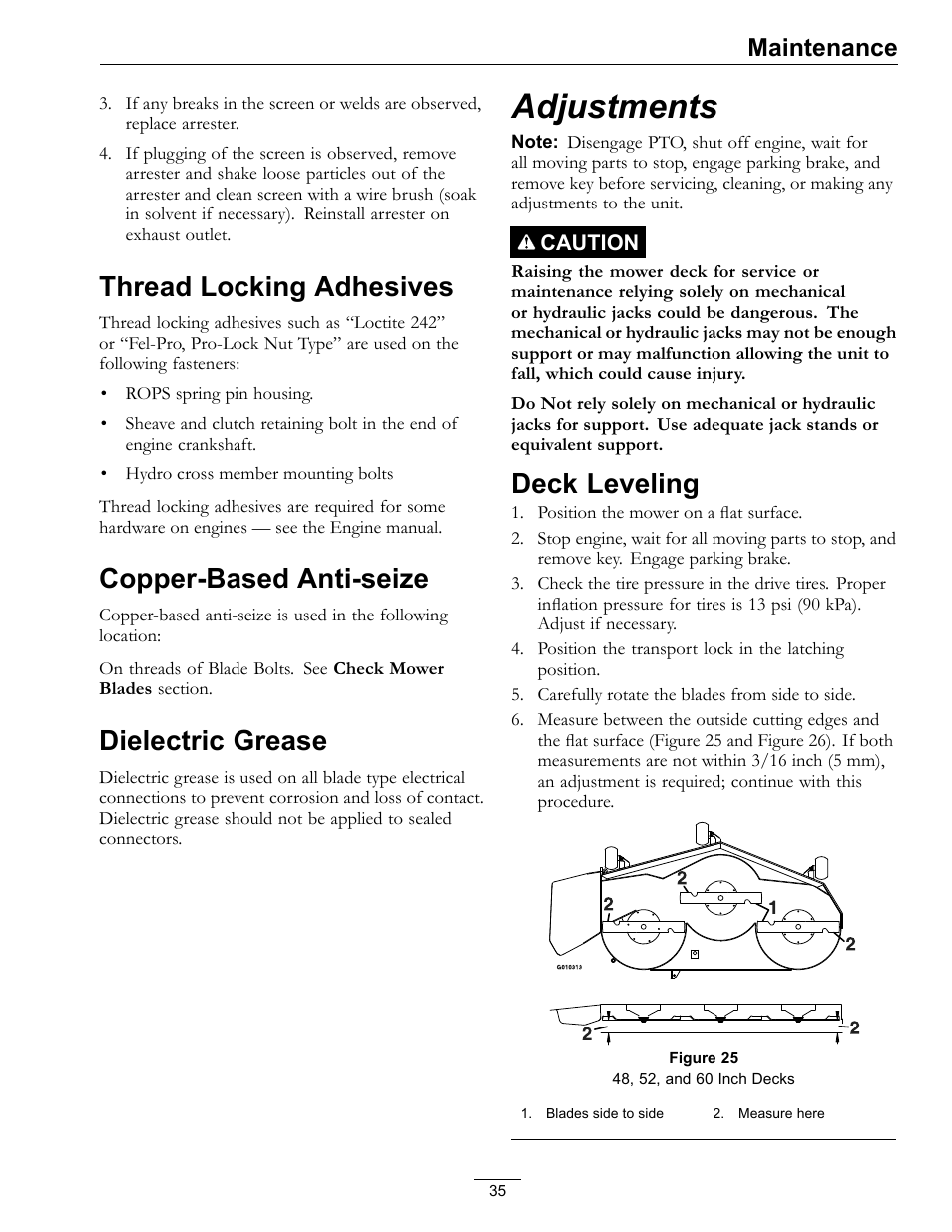 Adjustments, Deck leveling, Thread locking adhesives | Copper-based anti-seize, Dielectric grease, Maintenance | Exmark Pioneer S-Series 0 User Manual | Page 35 / 52