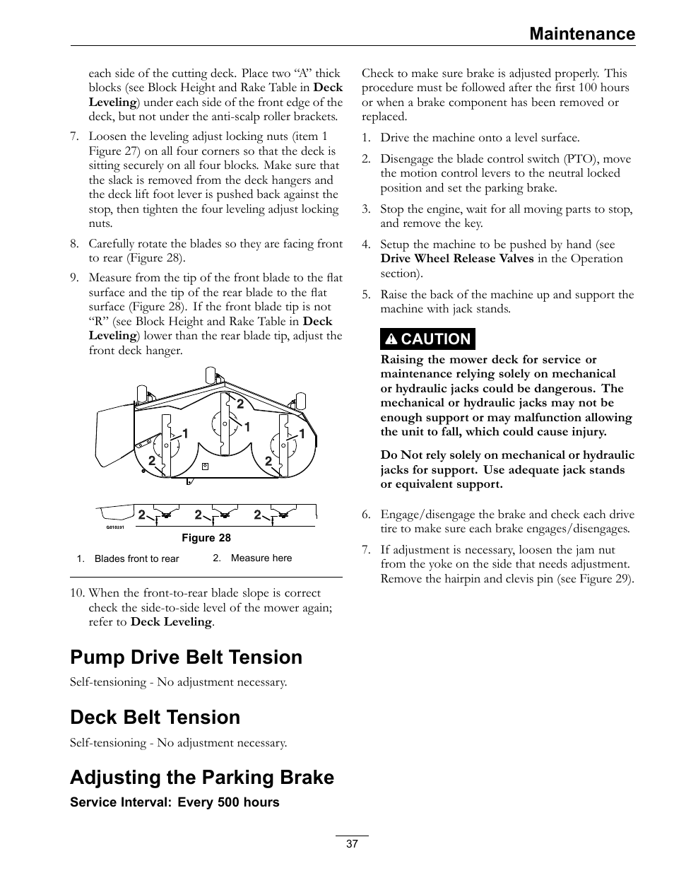 Pump drive belt tension, Deck belt tension, Adjusting the parking brake | Maintenance | Exmark Pioneer S-Series 0 User Manual | Page 37 / 52