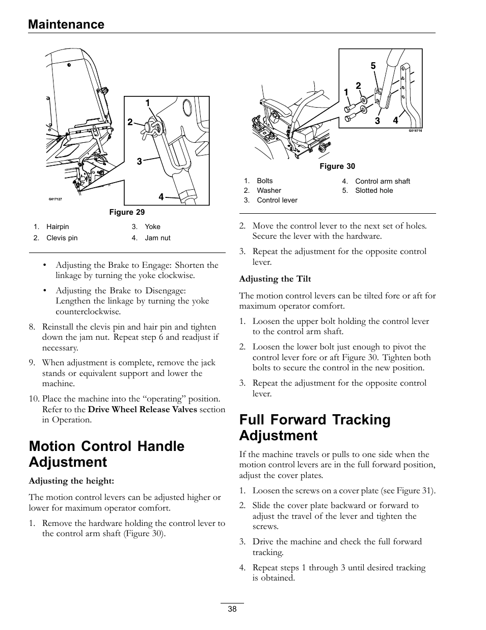 Figure 29), Motion control handle adjustment, Full forward tracking adjustment | Maintenance | Exmark Pioneer S-Series 0 User Manual | Page 38 / 52