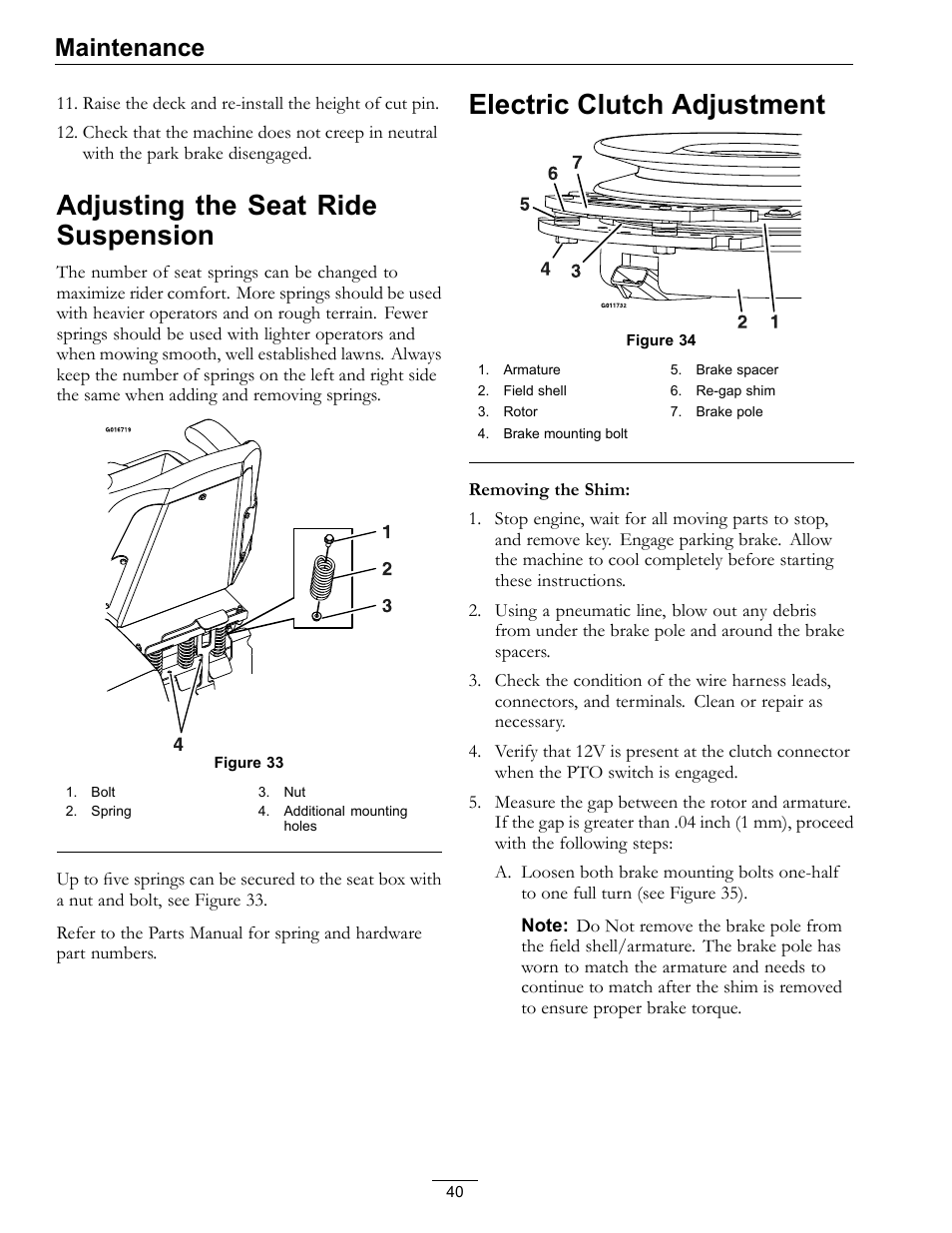 Adjusting the seat ride suspension, Electric clutch adjustment, Maintenance | Exmark Pioneer S-Series 0 User Manual | Page 40 / 52