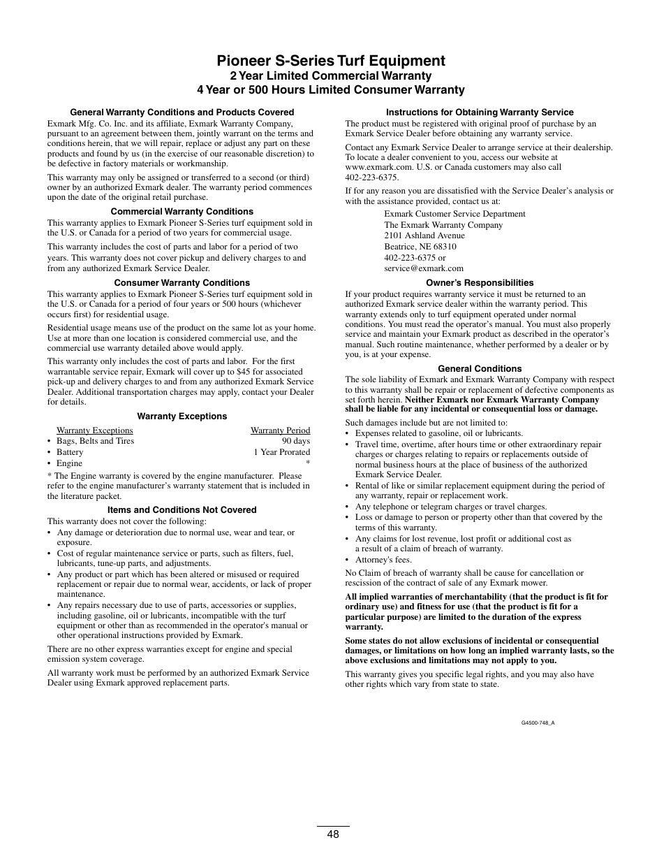 Pioneer s-series turf equipment | Exmark Pioneer S-Series 0 User Manual | Page 48 / 52