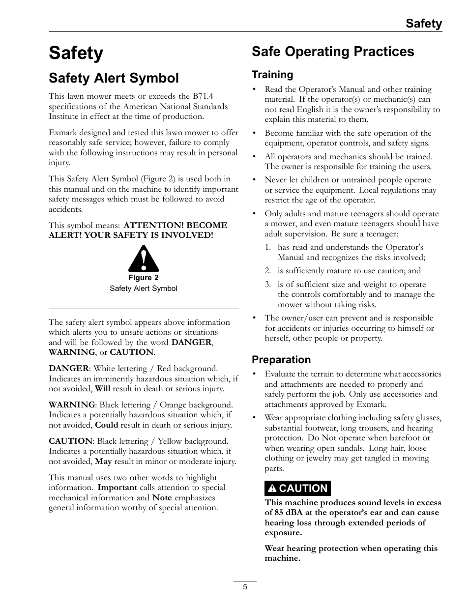 Safety, Safety alert symbol safe operating practices, Safety alert symbol | Safe operating practices | Exmark Pioneer S-Series 0 User Manual | Page 5 / 52