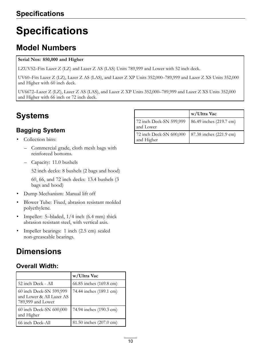 Specifications, Model numbers systems dimensions, Model numbers | Systems, Dimensions | Exmark Lazer XP User Manual | Page 10 / 24