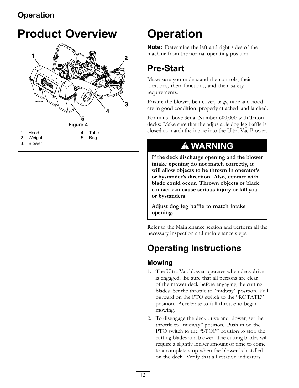 Product overview operation, Pre-start operating instructions, Product overview | Pre-start, Warning, Operating instructions, Operation | Exmark Lazer XP User Manual | Page 12 / 24